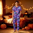 thumbnail image 7 of Halloween Family Sleepwear, Halloween Pajamas, Family Matching Pajamas, Halloween Family Pajamas Purple Galaxy Ghost Pumpkin Print Short Sleeve Pants Set for Holiday Celebration, Men M, 7 of 7