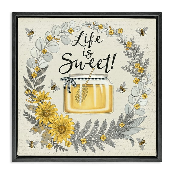 Stupell Industries Life Is Sweet Wreath Plants & Flowers Painting Black Floater Framed Canvas Art Print Wall Art, 18 x 18