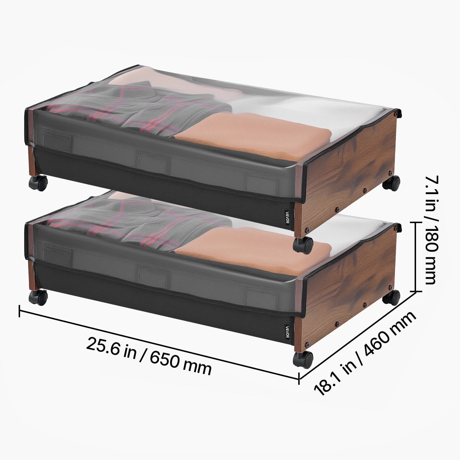 VEVOR Under Bed Storage with Wheels, 25.6 x 18.1 x 7.1 inch Underbed Containers, Underbed Shoes Organizer with Lockable Wheels, Rolling Under the Bed Storage Bins for Clothes, Shoes, Blankets, 2 Pack
