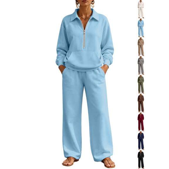 Womens Sweatshirts Hoodies Dqueduo Women's Fall Winter Lapel Long Sleeve Patch Pocket Hoodie And Wide Leg Pants Suit, Sizes S-XXL