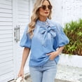 thumbnail image 4 of Camisa Vaquera de Cuello Alto con Botones y Lazo para Mujer, Mangas Abullonadas Elásticas, Corte Holgado, Top Corto de Mezclilla. Azul XL, 4 of 10