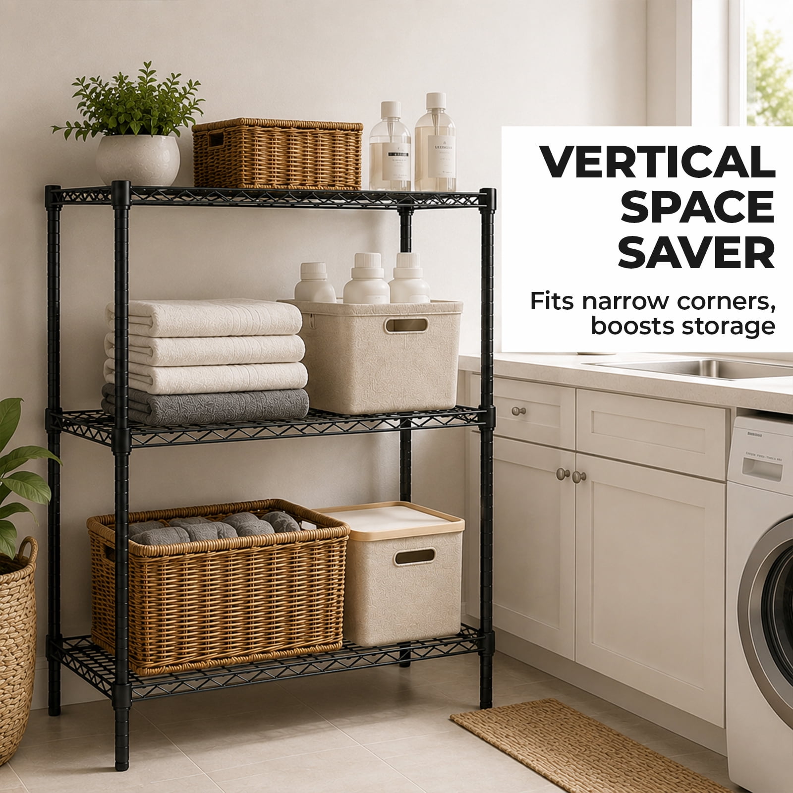 Alvantor 3/4/5-Tier Black Wire Rack 31in/48in/60in Heavy Duty Storage Shelving Adjustable Shelf Unit, Stable Steel Shelving, 200 lbs Capacity Per Shelf