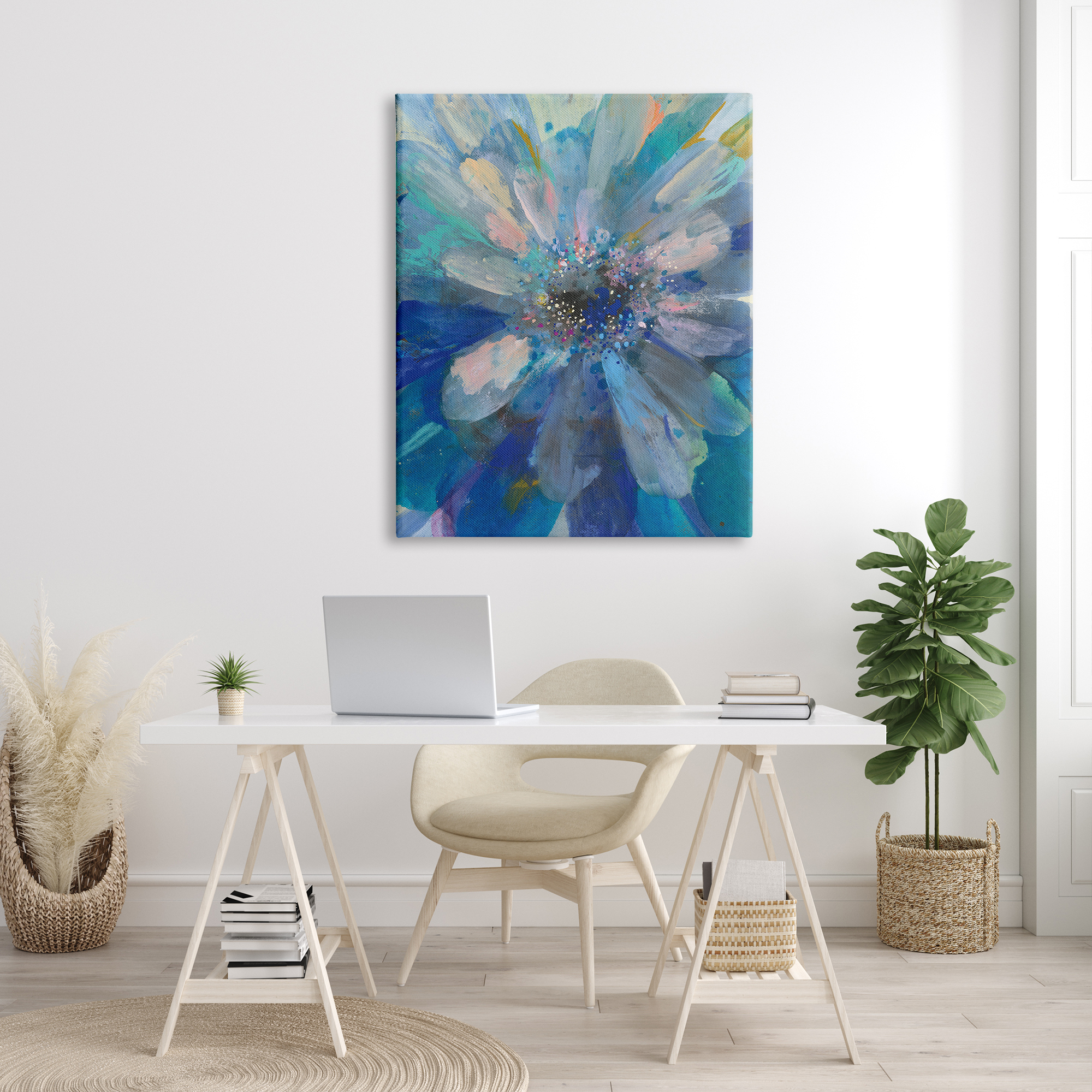 Stupell Industries Abstract Blue Floral Petals Contemporary Flower Splatter Abstract Painting Gallery Wrapped Canvas Print Wall Art, 36 x 48