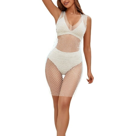 RUTAYY Swimwear Women Rhinestone Mesh Dress Rhinestone Black Long Dress See Through Fishnet Smock Swimsuit Carnival Boho Swim Wear