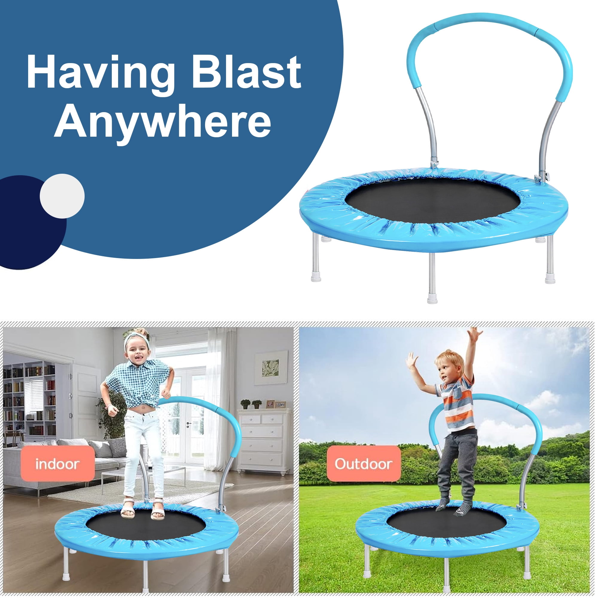 Aukfa Mini Trampoline with Handrail for Kids, 36" Fitness Rebounder with Safety Pad, Indoor Outdoor, Blue