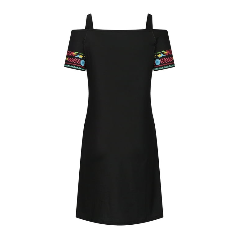 Summer Dress Women Short Sleeve Cold Shoulder Mexican Style Floral