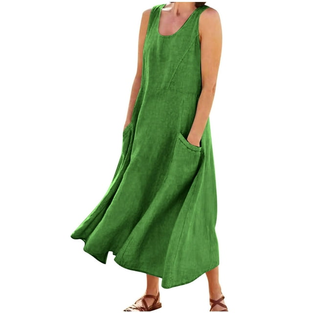 Robes Longues Amples en Lin pour Femmes Grande Taille Sans Manches Fluides Robe Soleil avec Poche Tunique Débardeur Longues Robes pour Dames Vert, 4TG