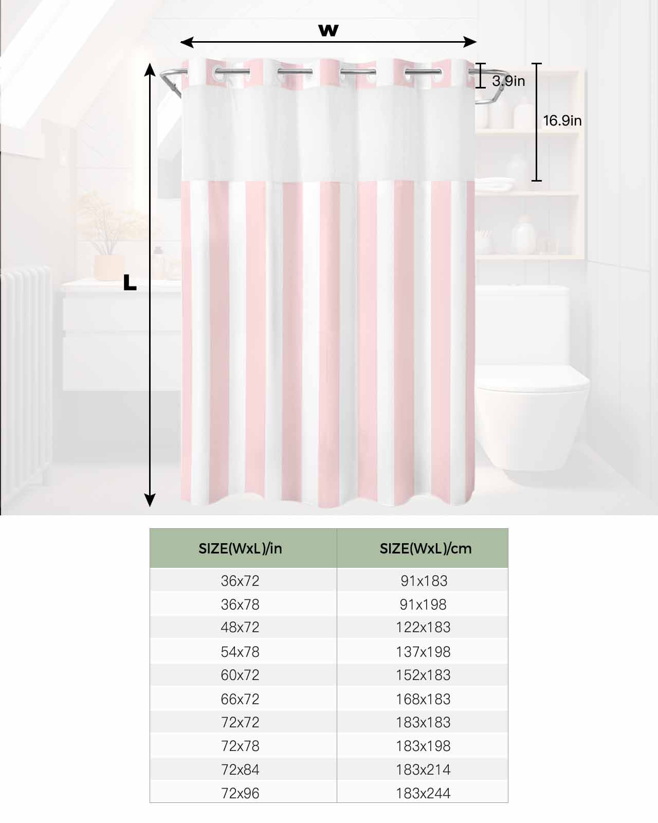 No Hook Shower Curtain with Snap in Liner, Pink and White Striped Geometric Hotel Shower Curtains for Bathroom, Washable Shower Curtain Liner Set with Mesh Top Window, 72"x72"