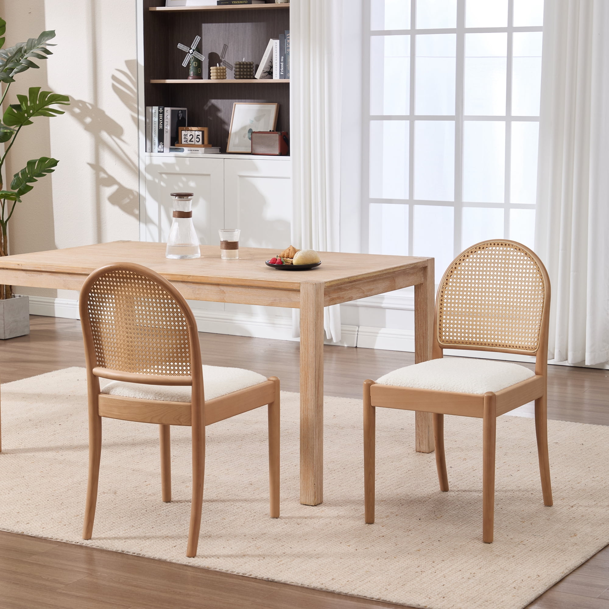 Leumius Rattan Dining Chairs Set of 2, Upholstered Linen Dining Room Chairs with Backrests, Modern Kitchen Chairs with Wood Legs for Dining Room, Beige