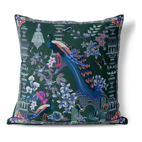 Peacock Paradise Throw Pillow with Removable Cover in Green 16x16