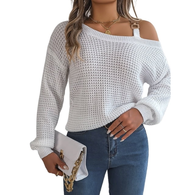 Suéter con hombros descubiertos for mujer, suéteres de punto con hombros descubiertos, Color sólido, manga larga, suelto, invierno