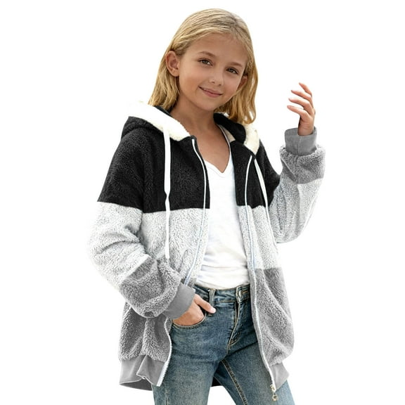Favoffer Boys Girls Winter Fuzzy Double-Fleece Jacket Hooded Color Block Patchwork Cardigan Coats Outerwear with Pockets Toddler Kids 4-12Y