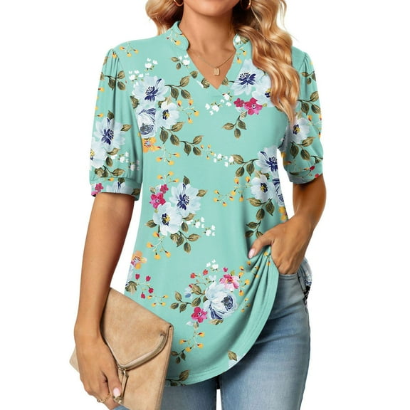 Aloohaidyvio Tops Clearance,Womens Fashion T-Shirt Short Sleeves Puff Sleeve Blouse V-Neck Casual Tops