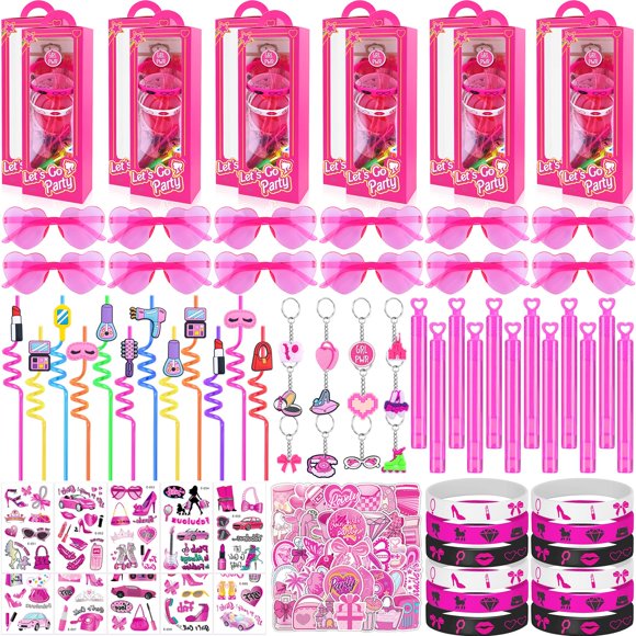 132 Pcs Fournitures de Cadeaux de Fête d'Anniversaire Roses avec Surprises Boîtes à Bonbons Remplissages Incluent Paille Lunettes Bâton à Bulles Bracelet Porte-Clés Autocollants Tatouage Etc pour Filles Anniversaire par