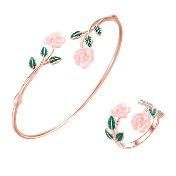 Rose Anillo Pulsera Conjunto de aceite de goteo Rose Abrir Anillo Pulsera Ajustable Accesorios para Mujer Chica para Regalo