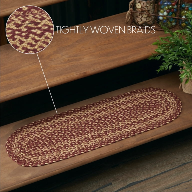 VHC Brands Burgundy & Tan Jute Stair Tread - Non-Slip Latex Backing, 8.5" X 27"