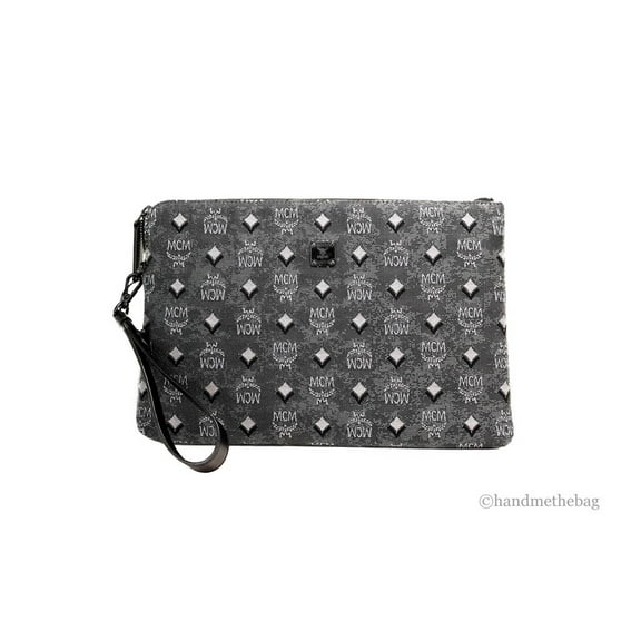 MCM MCM Veritas Medium Dark Grey Denim Monogram Logo Canvas Clutch Pouch Women's Handbag