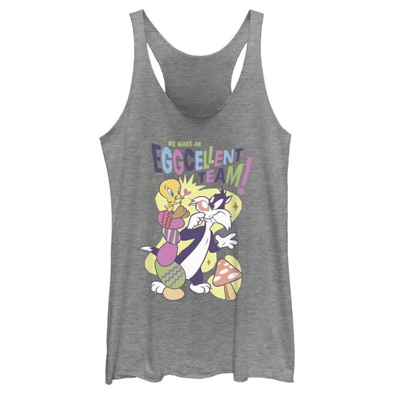 Women's Looney Tunes Easter Tweety and Sylvester We Make an Eggcellent Team  Racerback Tank Top Gray Heather Large