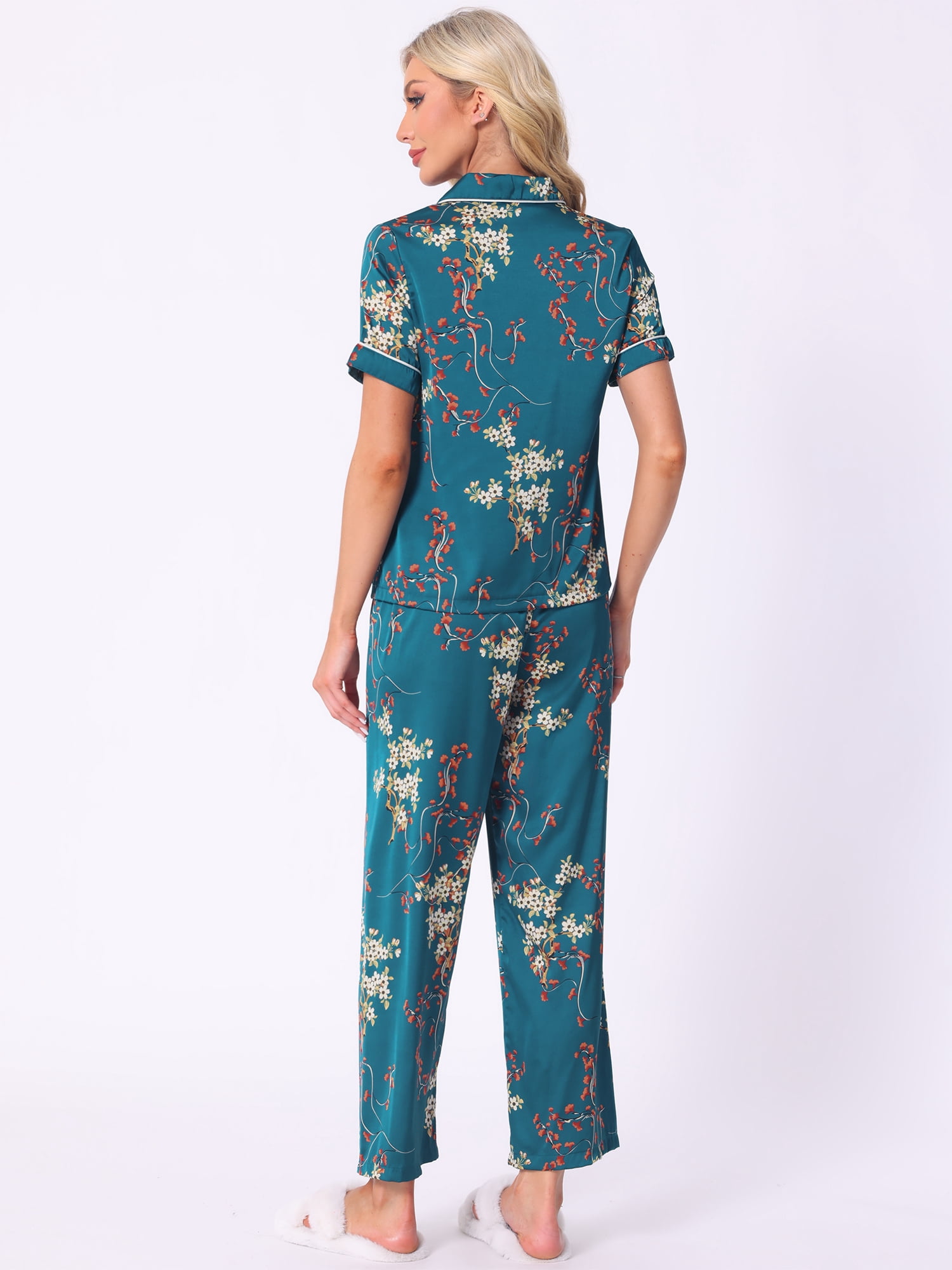 DARING DIVA Women's Silk Short Sleeves Floral Satin Pajama Sets XS Bright Blue