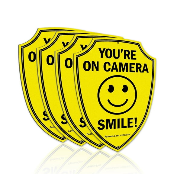 Faittoo Smile You're On Camera Sign, Video Surveillance Signs Outdoor, 4-Pack, 9.6 x 6.8 Inch Reflective Aluminum Warning Sign for Home Business CCTV Security Camera
