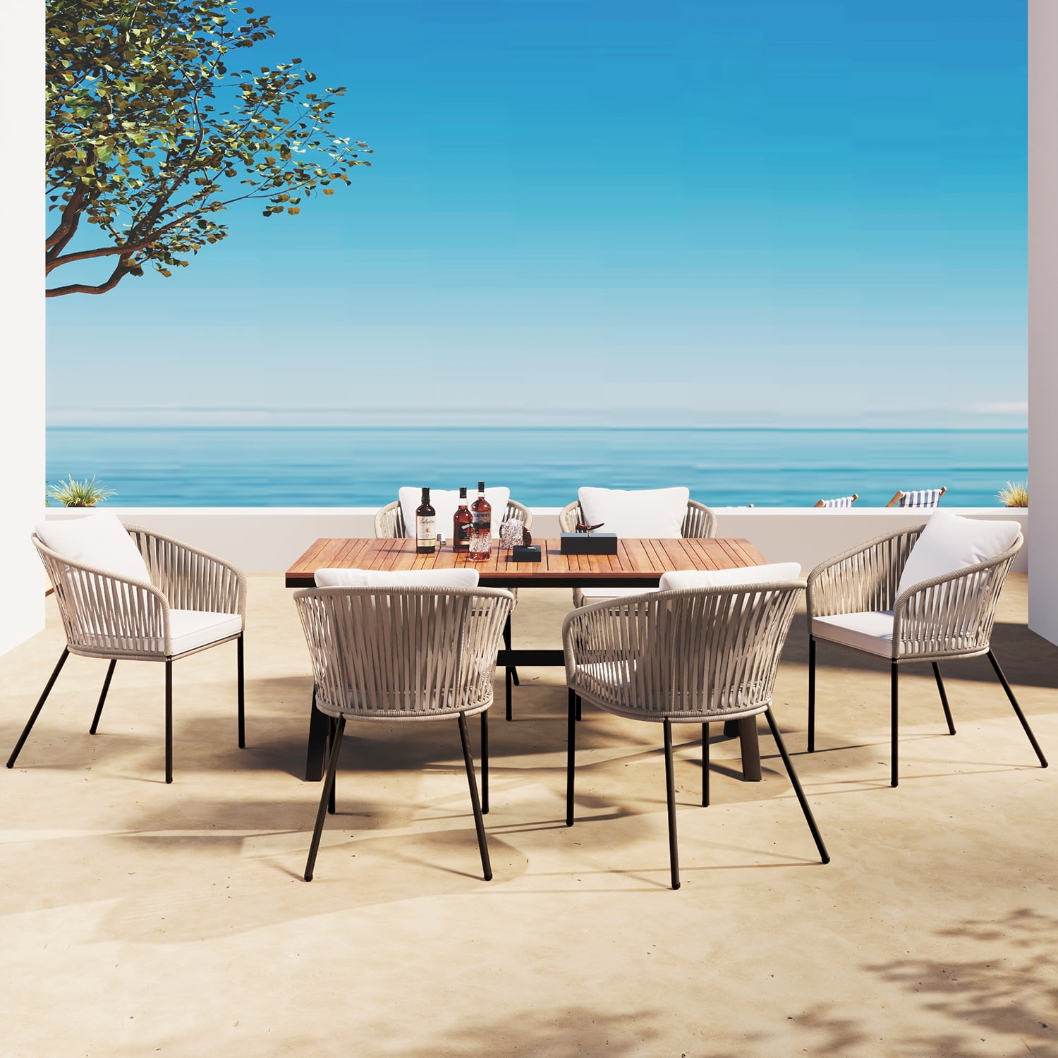 Aimee Lii 7 Pieces Outdoor Patio Dining Set Acacia Wood Garden Table with Umbrella Hole and Rope Metal Frame Chairs, Outdoor Furniture Set, Beige Aimee Lii 7 Pieces Outdoor Patio Dining Set Acacia Wood Garden Table with Umbrella Hole and Rope Metal Frame Chairs, Outdoor Furniture Set, Beige