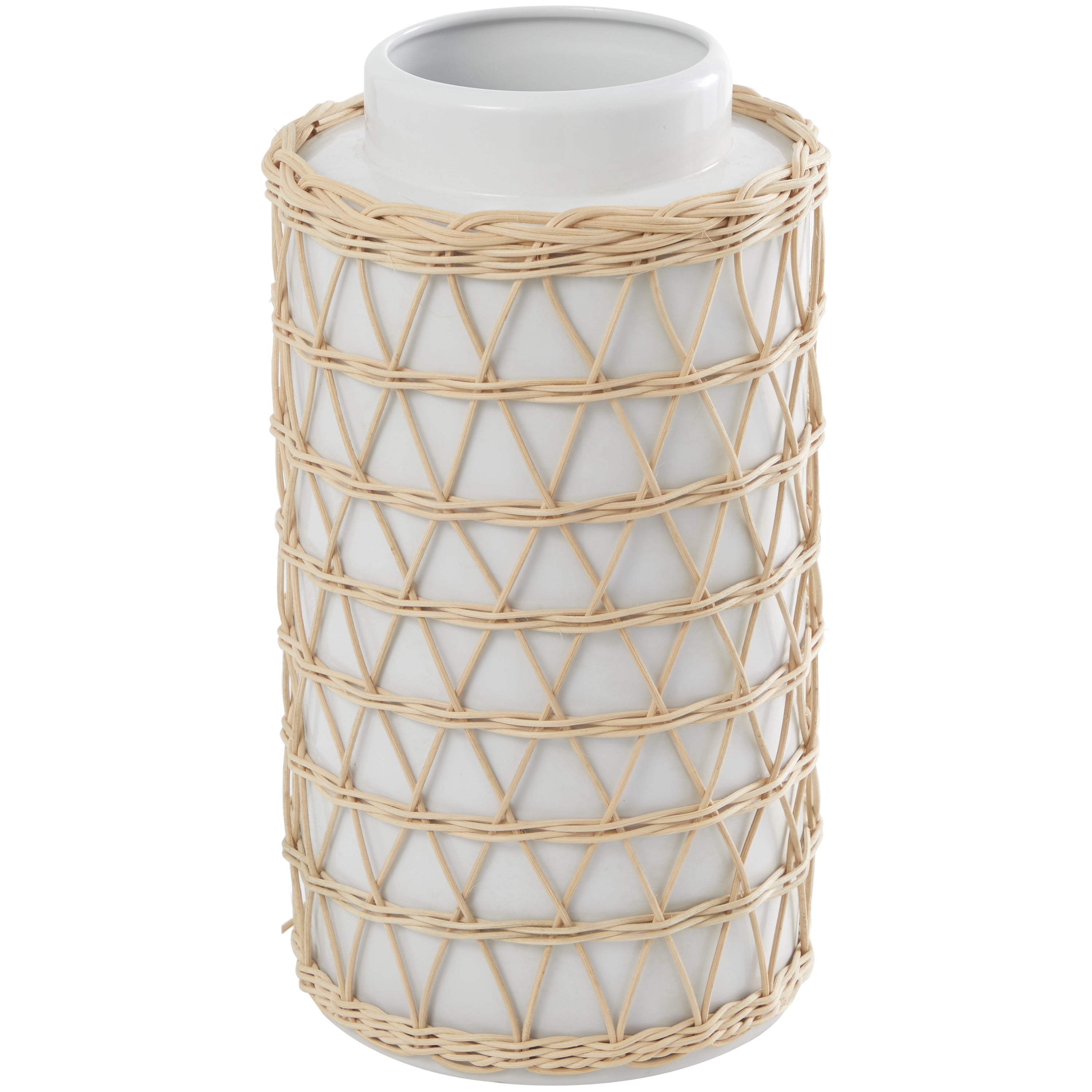 DecMode 15" Handmade White Ceramic Vase with Woven Rattan Exterior
