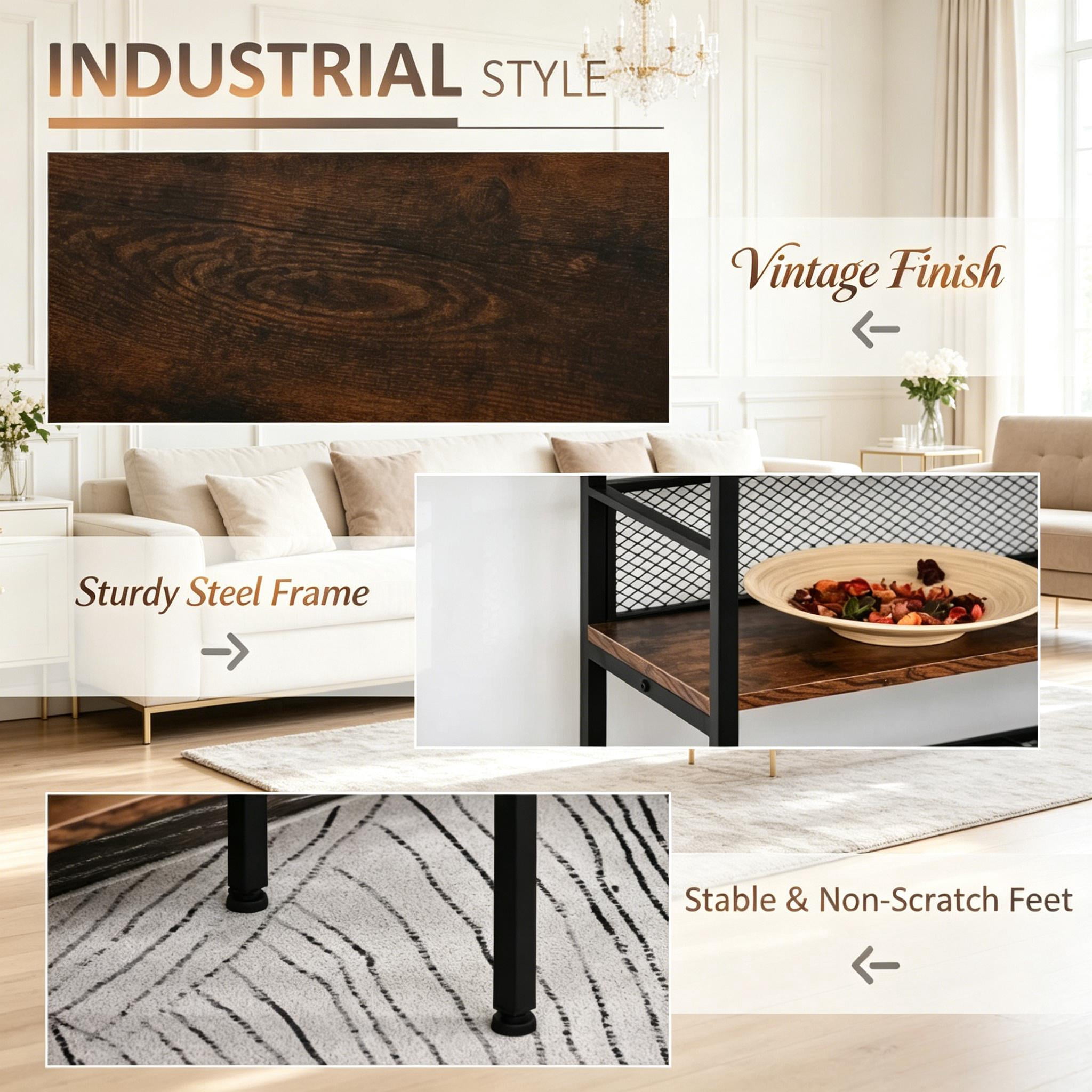 3-Tier Industrial Open Storage Shelving Unit, Brown & Black Standing Display Rack with Anti-Fall Metal Back Panels, Adjustable Feet Organizer for Living Room Study