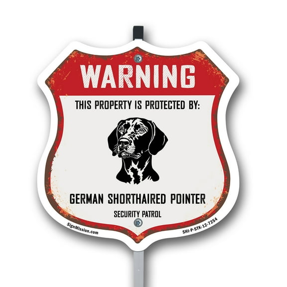 Warning This Property is Protected by German Shorthaired Pointer 12 inch X 12 inch Shield Shaped Rust-Free Aluminum Metal Sign with Aluminum Mounting Stake Weather Resistant Made in the