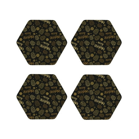 

Vsdgher Gold Pinecone Merry Christmas Leather Coasters for Drinks Durable Drink Coasters 4 Set for Tabletop Protection Luxurious Home Décor and Housewarming Gift-Hexagon