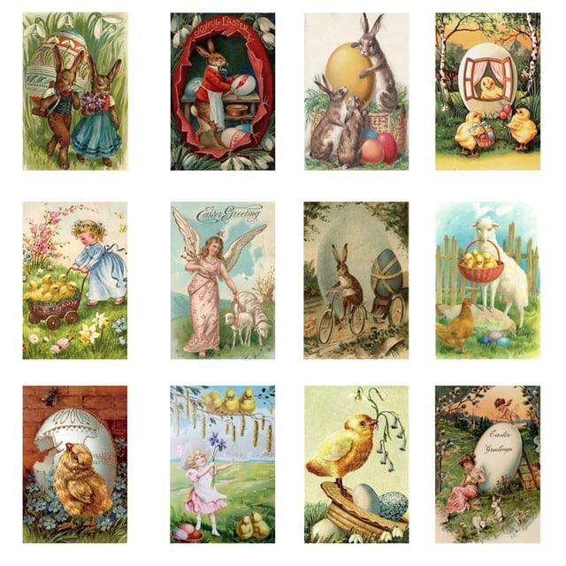 Less Than 5 Office&Craft&Stationery 2024 New Easter Theme Cute Retro Rabbit Postcard 12pcs Party Invitation