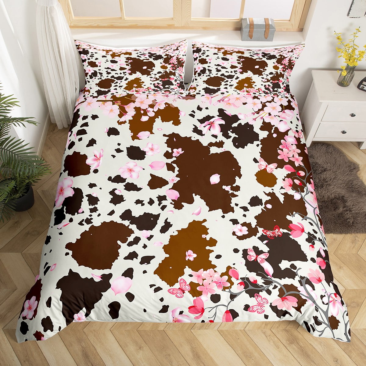 Cowhide Bedding Set Pastel Pink Cherry Blossom Comforter Cover for Boys