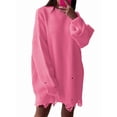 thumbnail image 2 of Women'S Oversized Solid Color Round Neck Long Sleeve Pullover Distressed Knit Sweater Top Pink M, 2 of 8