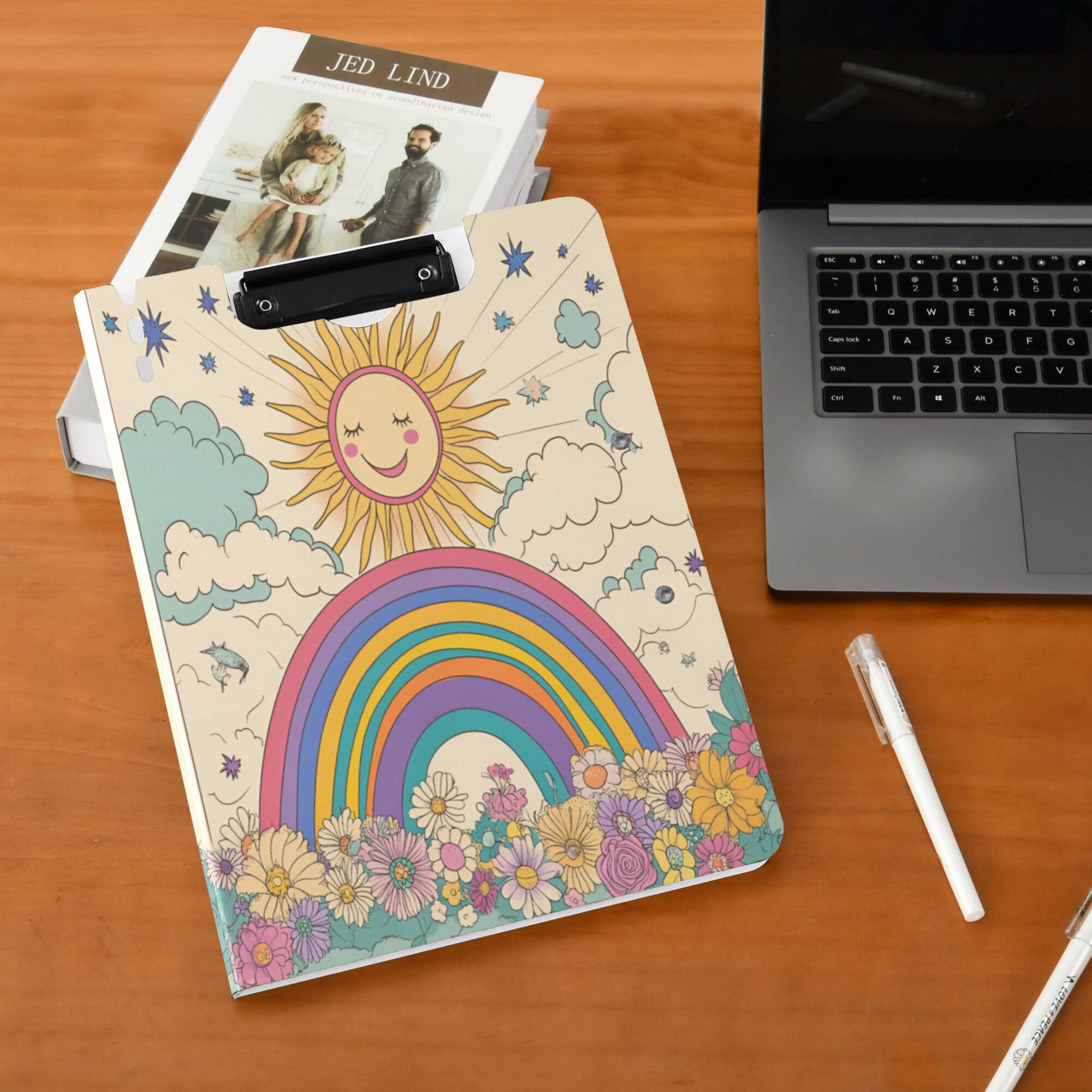 FORMRS A4 Clipboard Folder with Pen Holder Horizontal Foldable School Office Binder, Beige Rainbow