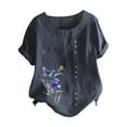 thumbnail image 3 of Fashion Womens Tops Retro Butterfly Print Casual Loose Cotton Linen Short Sleeve Pullover T Shirt BU2, 3 of 3
