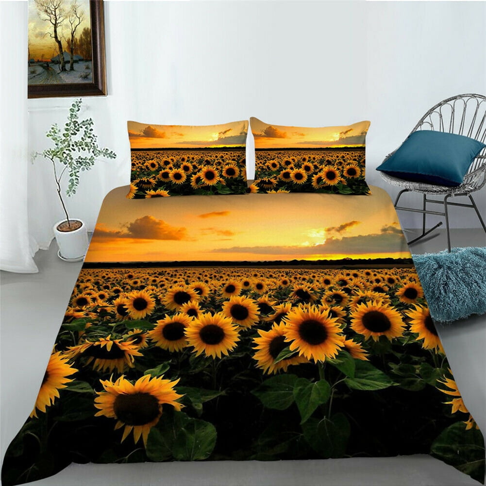 Kepooman 100% Brushed Microfiber Duvet Cover Set, 3 Pieces Super Soft Sunflower Printed Bedding Set, Full Size