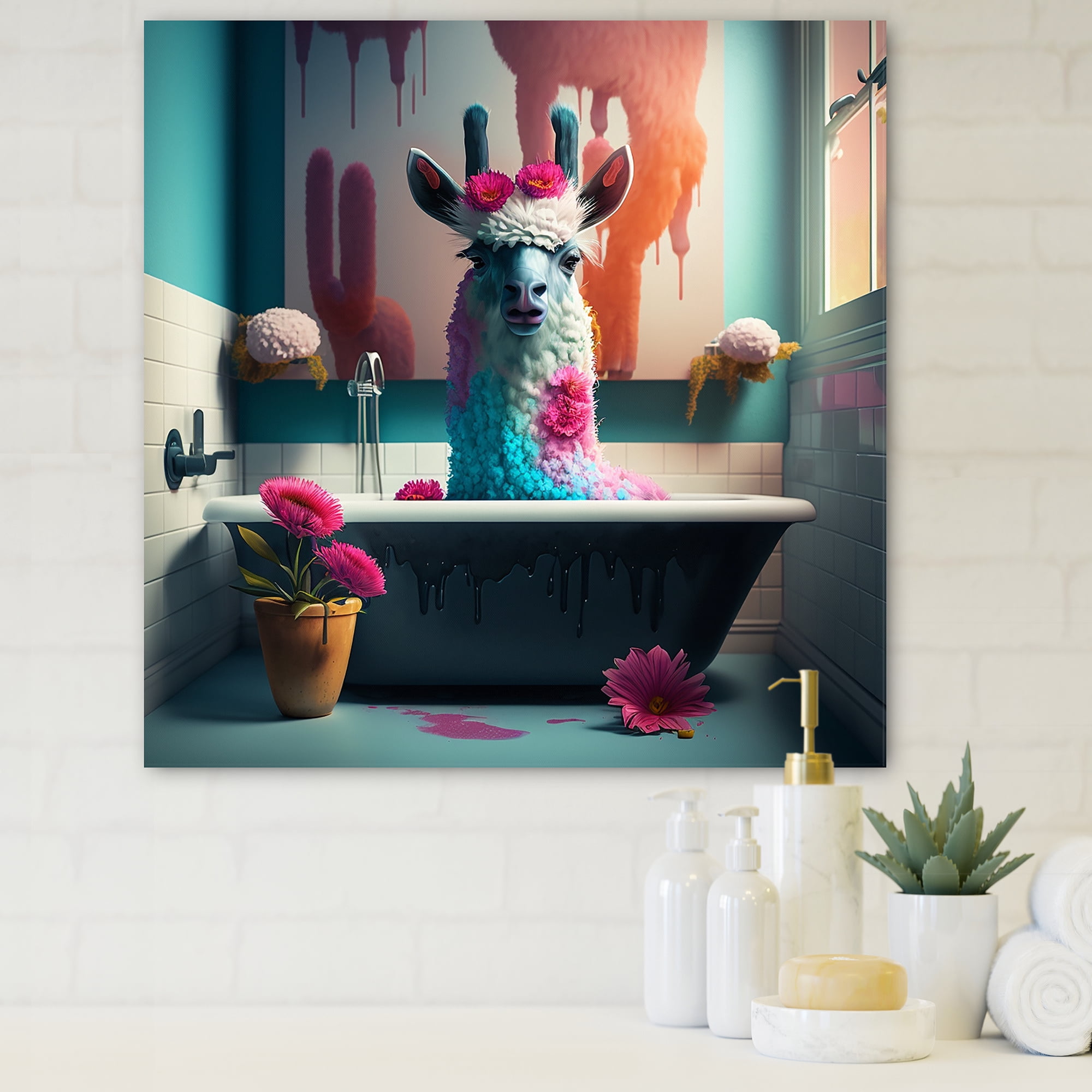 Designart Funny Llama In The Bath II Canvas Wall Art