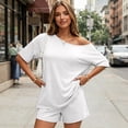 thumbnail image 5 of Shirt and Shorts Set Womens 2 Piece Matching Lounge Sets Short Sleeve Off Shoulder Tops Summer Beach Vacation Mini Shorts M, 5 of 7