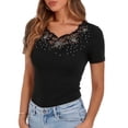 thumbnail image 3 of Letimco Breathable Quick Dry Slim Fit Rhinestone Patch Short Sleeve Crew Neck Top for Women - Solid Color for Date Party Daily Summer, 3 of 6