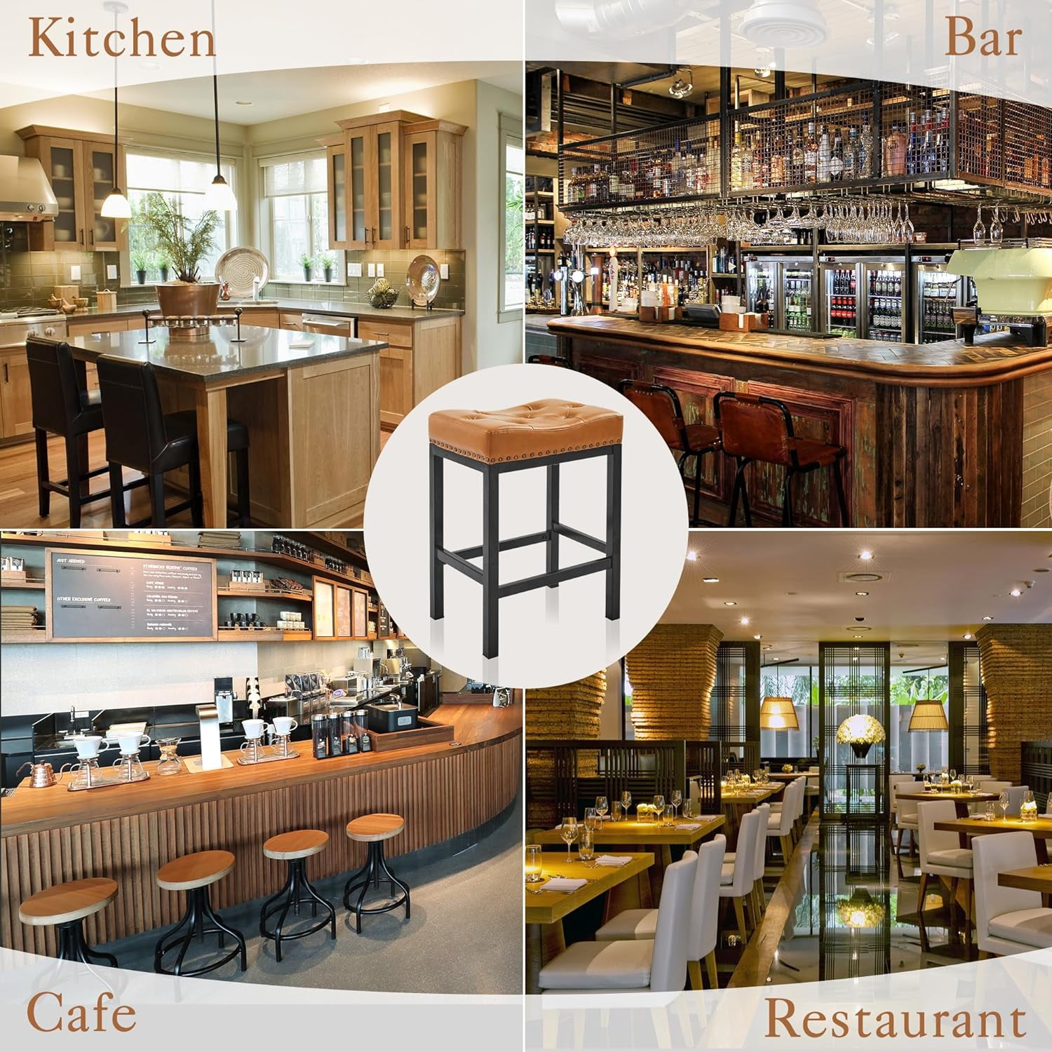 Dycanpo 24” Saddle Bar Stools Set of 3 with Modern Metal Legs, for Home Kitchen, Whiskey Brown