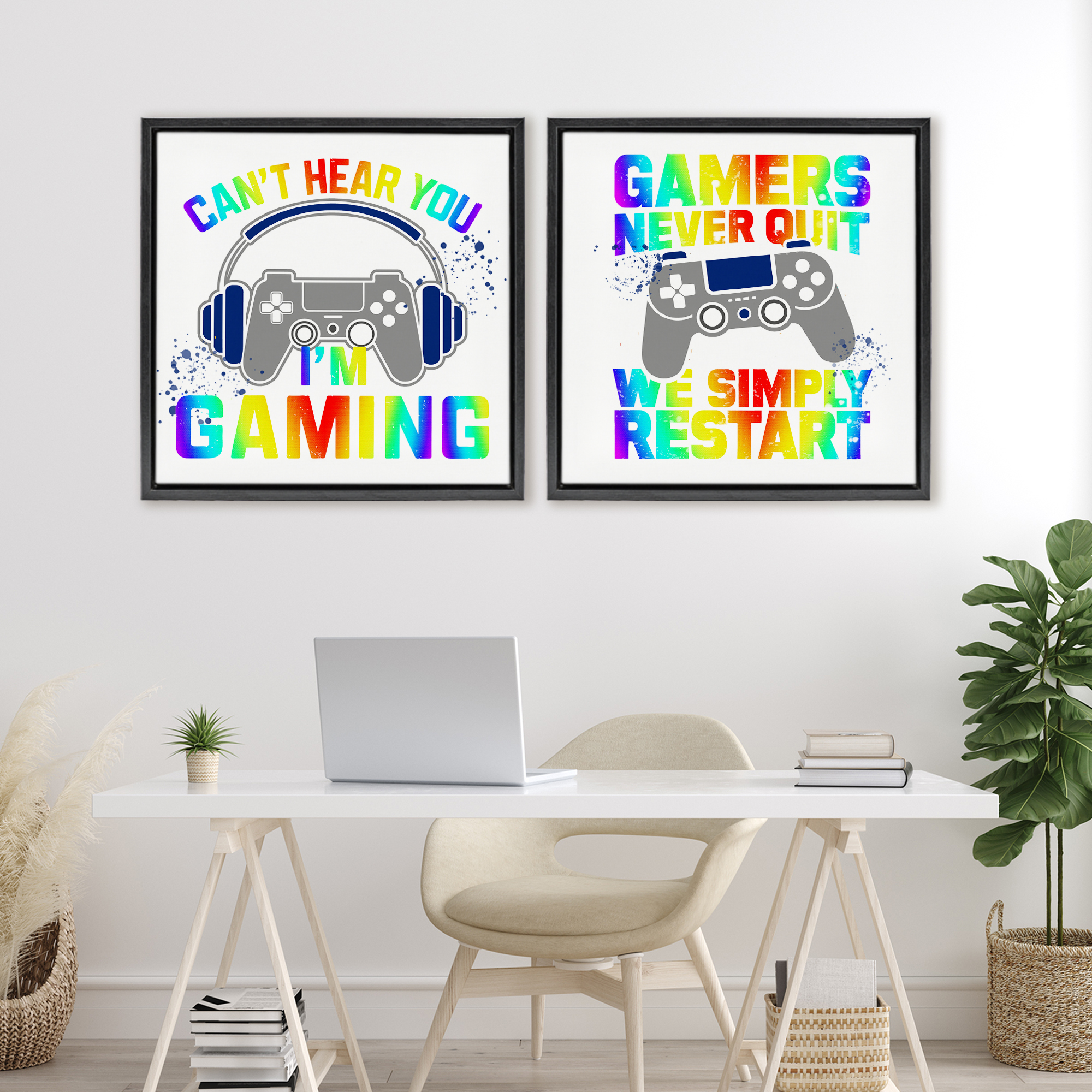 Rainbow Retro Gaming Phrases 2 Piece Black Framed Floater Canvas Set, design by Kim Allen