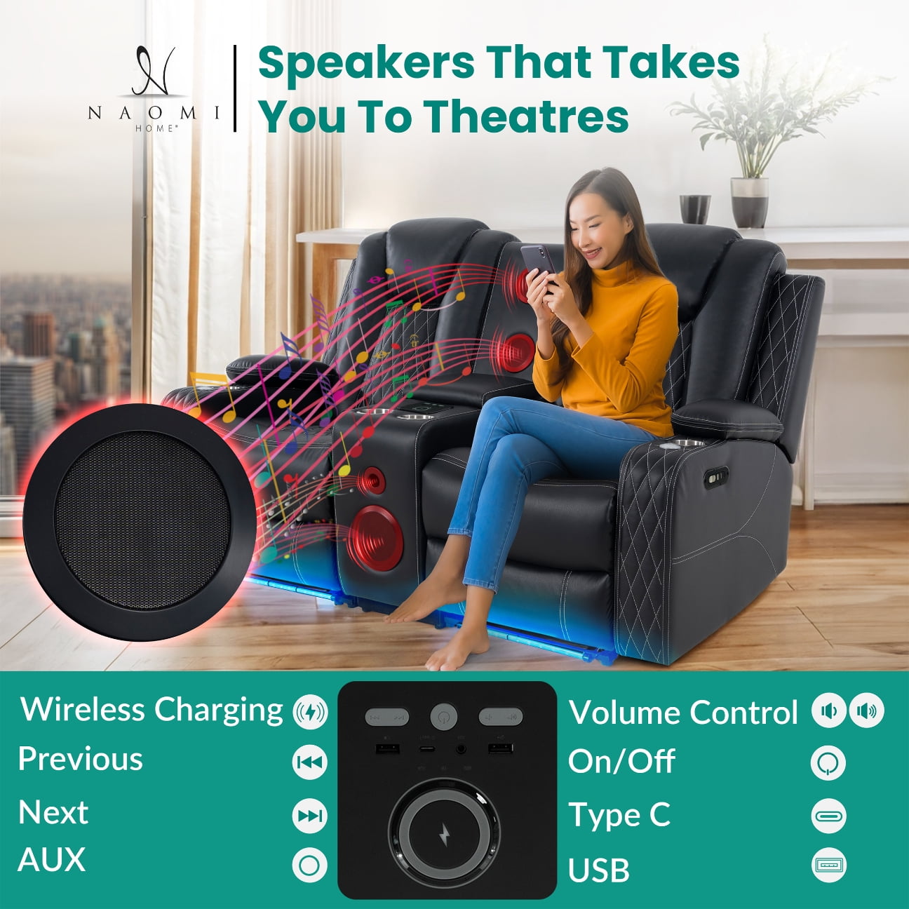 Home Theater Seating Gaming Chairs for Adults Wireless Charging Movie Theater Chairs Power Recline Loveseat with 6 Cup holders and Tray Powerful