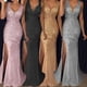 thumbnail image 4 of Vestido de mujer de primavera con abertura en el hombro, vestido de noche, vestido dorado, 4 of 5