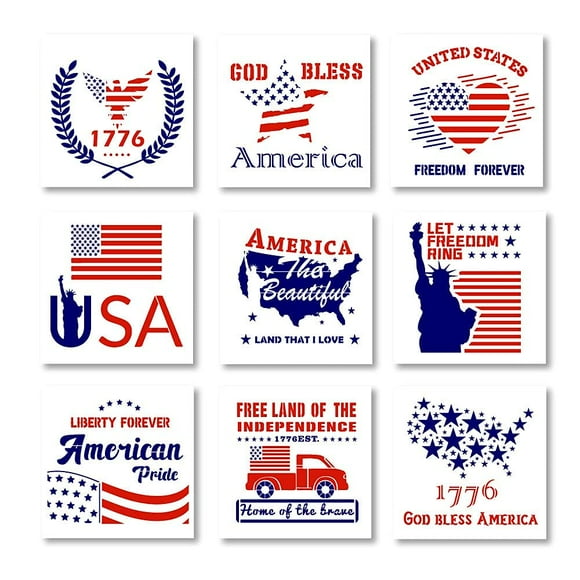 Liberty Love: Patriotic America Flag Stencils Set - 9 Pieces, 10x10 inch Labor Day & Memorial Day Stencils for Wood Painting, Ideal for Veterans Day Farmhouse Sign Decor