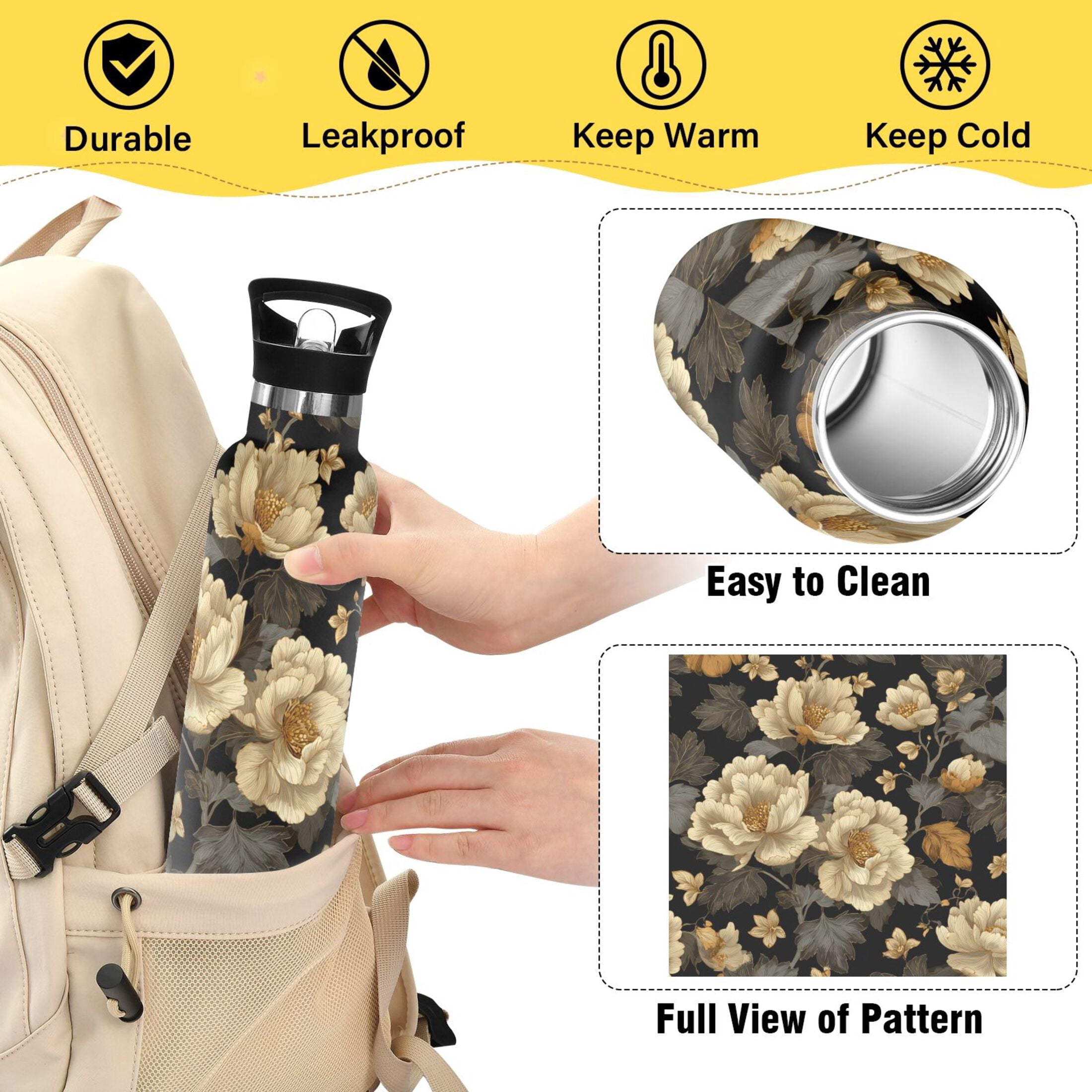 Kids Insulated Stainless Steel Sports Water Bottle 600ml (20oz) Elegant Beige Floral