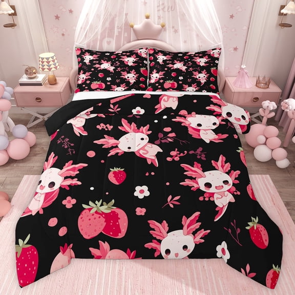Castle Fairy Kawaii Axolotl Twin Comforter Sets,Pink Animal Salamander Bedding Set