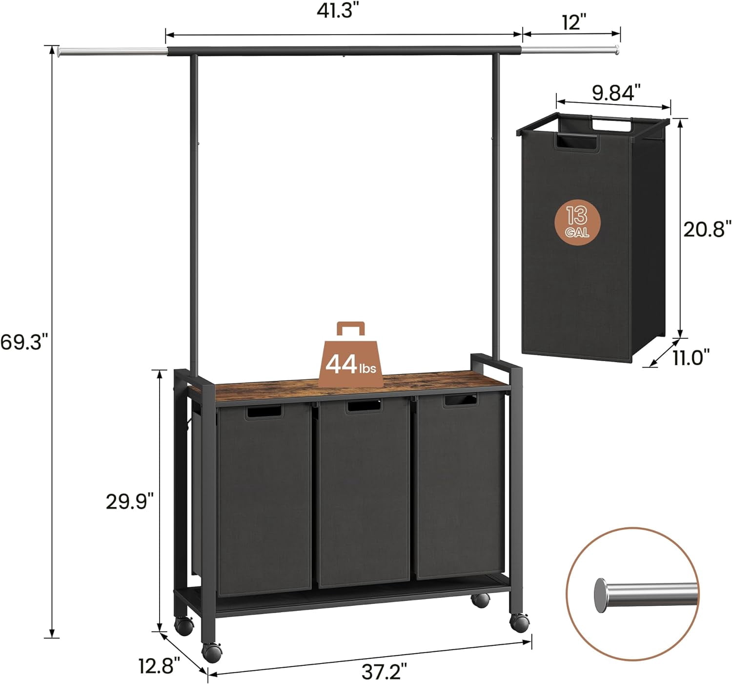 Laundry Hamper Sorter with Retractable Hanging Rod & Locking Wheels - Heavy Duty Laundry Room Organizer with Shelf，3 Hamper