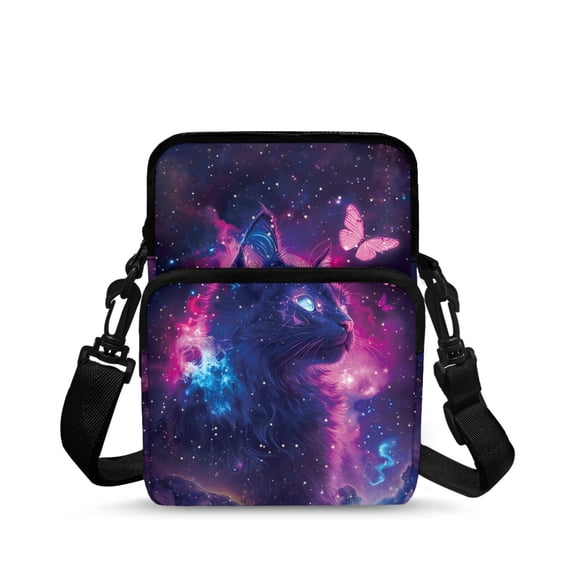 POLERO Crossbody Purse Galaxy Cat Butterfly Theme Portable Crossbody Bag for School, Stretch Polyester Lightweight Crossbody Bags