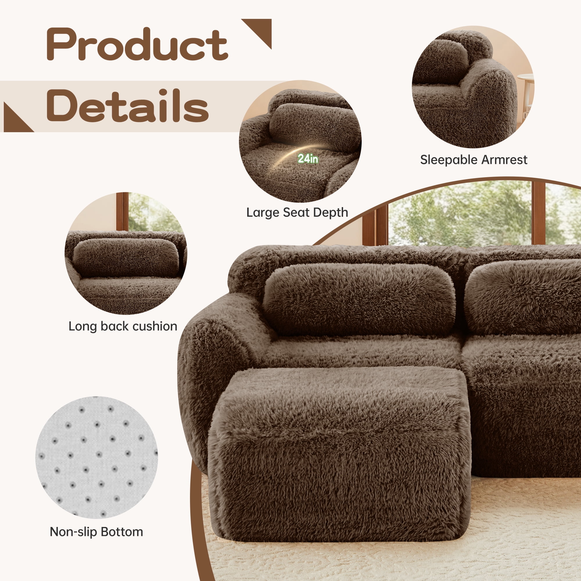 AISWORD 114" 3-Seat Modular Cloud Sectional Sofa, Anti-Slip Deep Seat Cloud Sofa, Ready to Use Premium Plush Fabric Boneless Sofa with 32D High-Density Foam&Anti-Slip Bottom