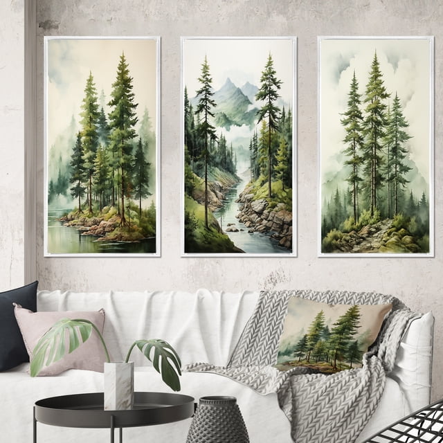 Designart "Green Pine Tree magic Guardians III" Floral Framed Wall Art Set Of 3 - Green Tree Pine Frame Canvas Set For Living Room Decor
