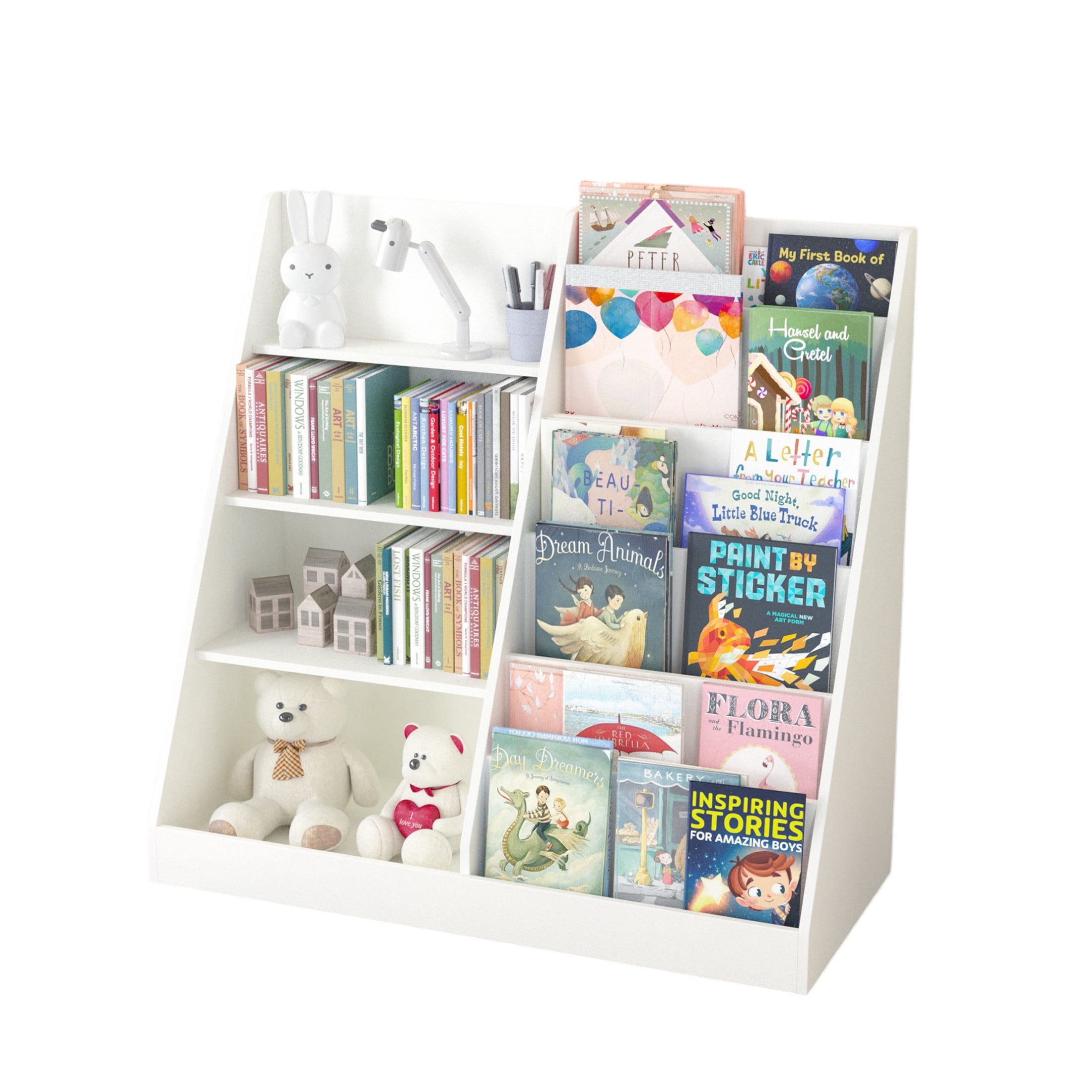 Noble House Polly Kids Display Bookshelf, Toy Storage Organizer, 4-Tier Wooden Bookcase with Bin Cabinet, White